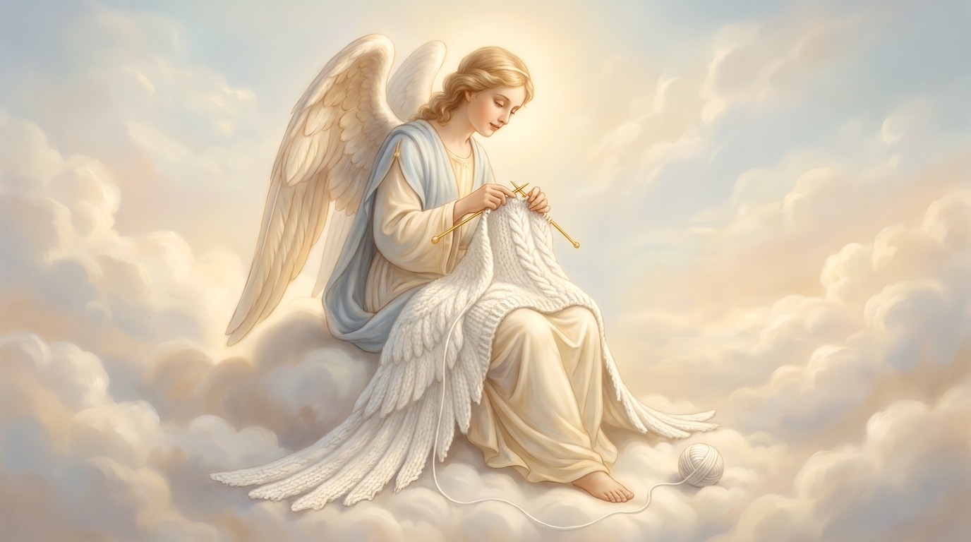 Soft, luminous illustration in the style of hand-painted porcelain: a gentle winged angel seated on a cloud, knitting a small sweater draped over her wings